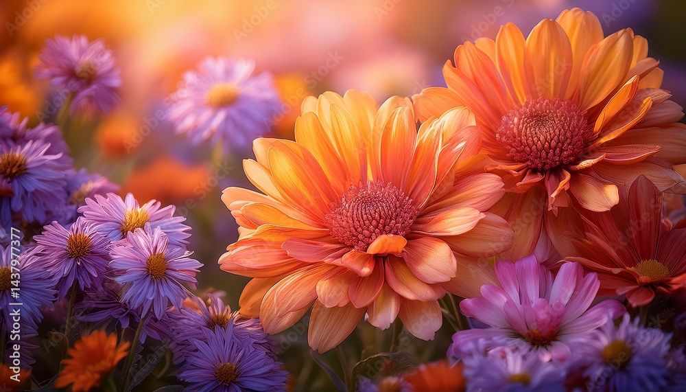 vibrant floral display with lush blossoms in warm orange and purple tones against a soft abstract background vibrant floral display with lush blossoms in warm orange and purple tones against a soft abstract background