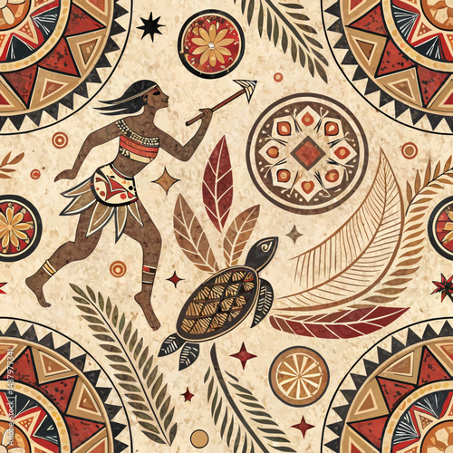 *Seamless Oceanian Tribal Pattern Background – Earthy-Toned Indigenous Motifs for Cultural & Artistic Projects*
