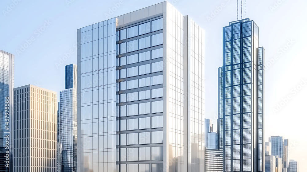 Obraz premium Cityscape of glass-clad skyscrapers against a clear, sunny sky in a metropolitan area