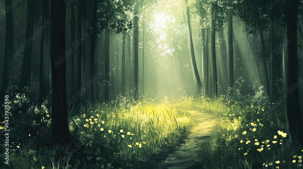 Obraz premium Sunlit path through a mystical forest. Soft light filters through tall trees, illuminating a grassy path. Delicate yellow wildflowers carpet the ground