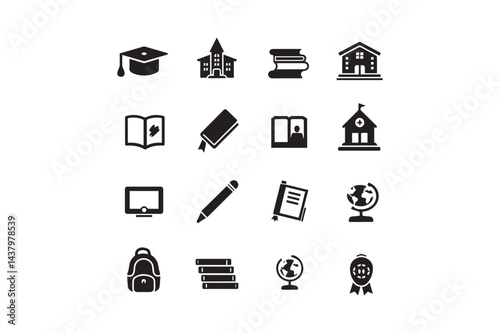 School Education Icon Set Black and White Vector Symbols for Learning and Study