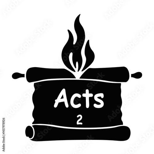 Silhouette of scroll with “Acts 2” and flame, symbolic Pentecost