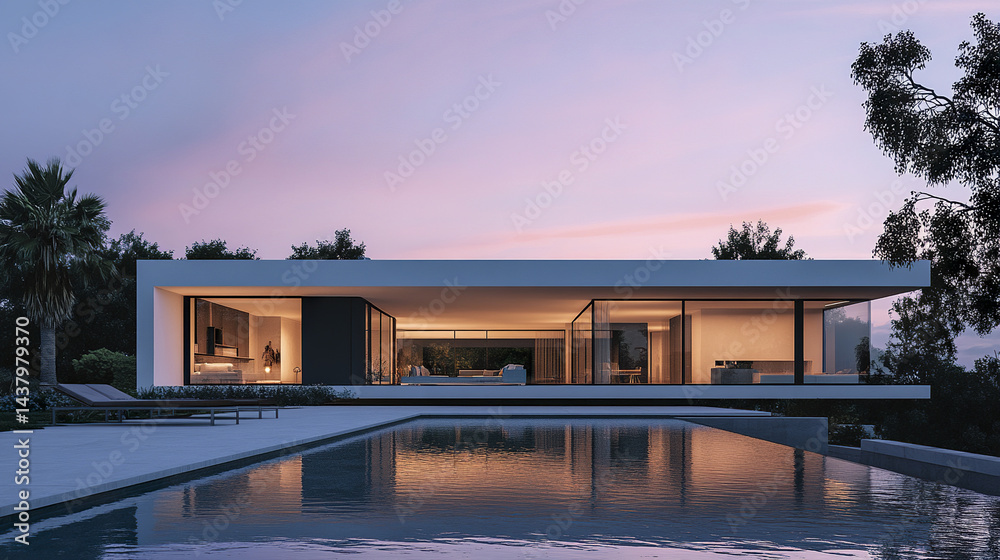 Fototapeta premium minimalist villa at twilight with warm lights reflecting on water, creating serene atmosphere