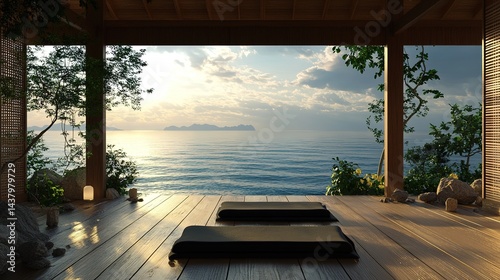   Morning yoga on a wooden deck facing the sea.