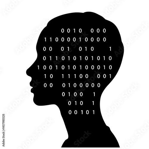 Silhouette merging with binary code on white background, digital innovation
