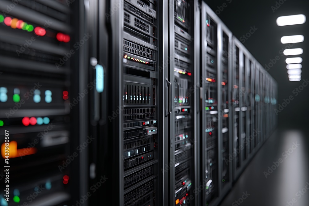 Modern Data Center Infrastructure with Multiple High-Performance Servers and LED Indicators in a Secure Rack Environment Modern Data Center Infrastructure with Multiple High-Performance Servers and LED Indicators in a Secure Rack Environment