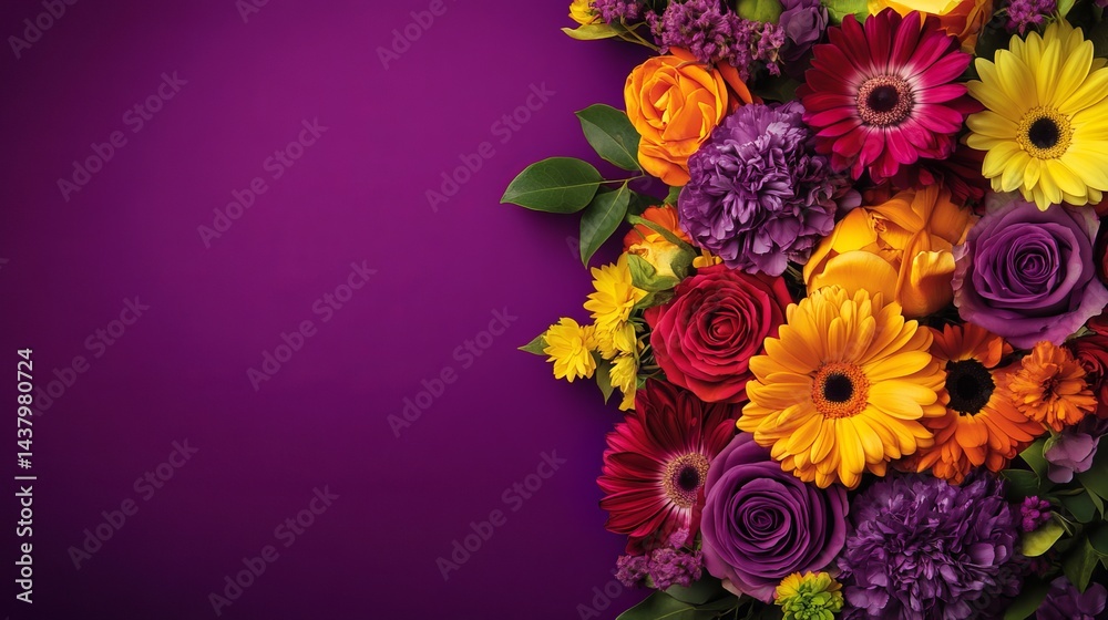 Fototapeta premium Vibrant Colorful Flower Bouquet Purple Background Floral Design Spring Summer Blossom Arrangement Romantic Flowers Gerbera Roses Carnations Floral