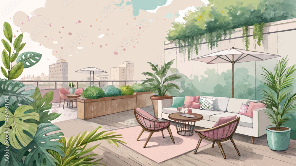 Fototapeta premium *Watercolor Rooftop Terrace Mockup – Abstract Pastel Furniture & Green Plant Splashes for Trendy Urban Oasis (Copy Space Left)*