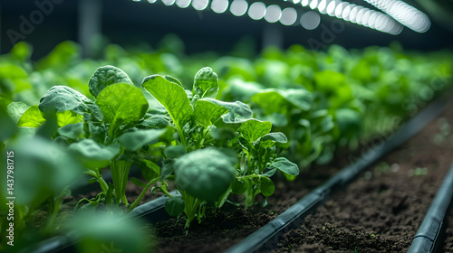 Agrivoltaic system with solar panels installed above growing crops, showcasing dual-use farming and renewable energy