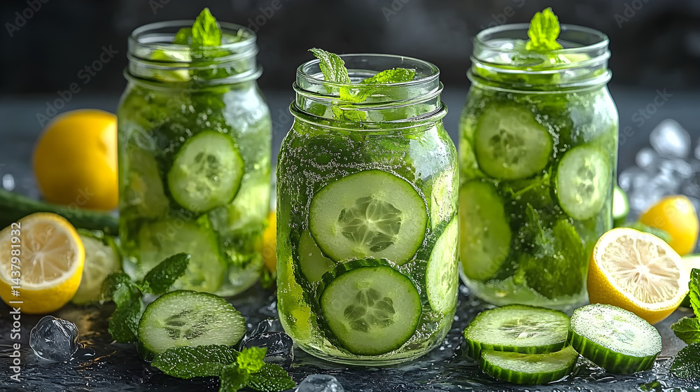 Detox drink in glass jars with cucumber and lemon slices, representing a healthy lifestyle Detox drink in glass jars with cucumber and lemon slices, representing a healthy lifestyle