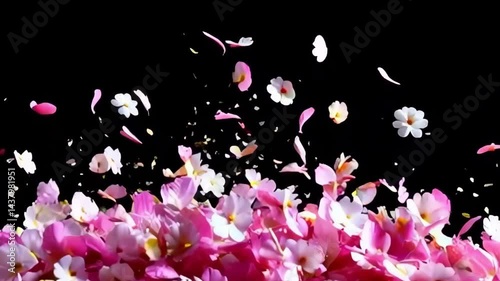 Vibrant Pink Flowers with Green Leaves on Black Background for Nature Photography