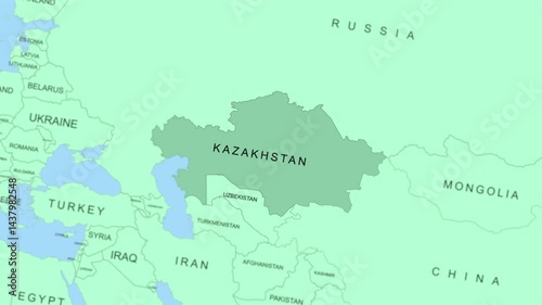  Kazakhstan on world map animated, slow movement, 4K.