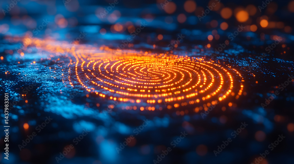 Digital fingerprint surrounded by glowing lines, symbolizing identity and cybersecurity