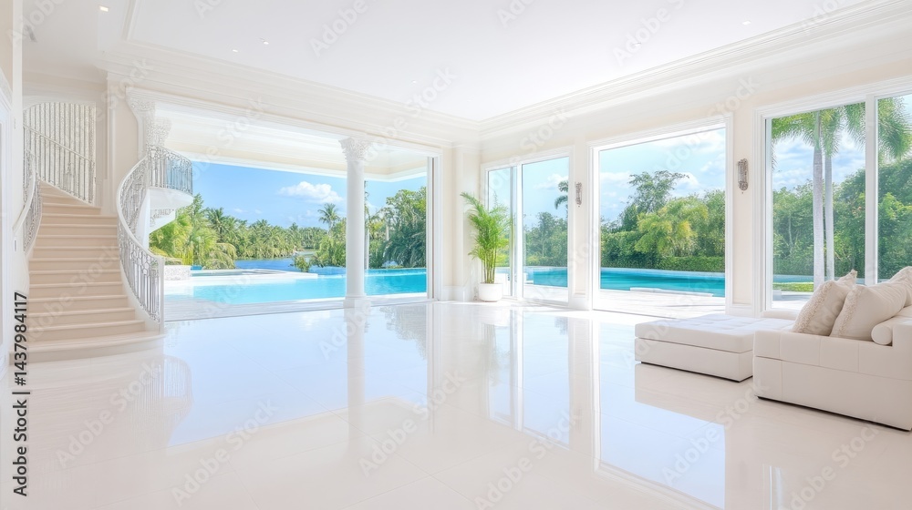 A luxurious modern living room with large windows overlooking a serene pool and tropical garden, spacious and bright interior, and minimalist design. A luxurious modern living room with large windows overlooking a serene pool and tropical garden, spacious and bright interior, and minimalist design.