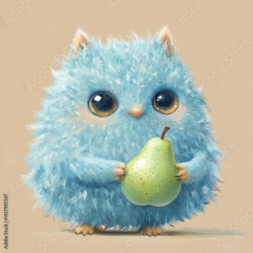 A small fluffy creature with a green pear.