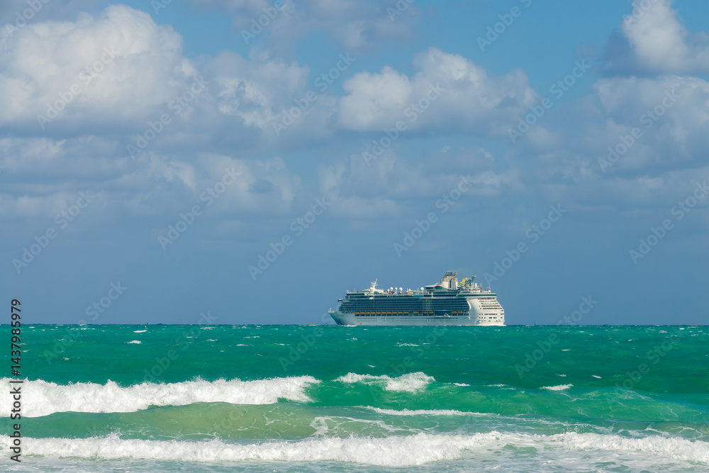 Cruise ship on the Atlantic ocean, view from Miami South beach, Florida