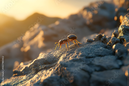 A single ant walking across a stone, with the rough texture of the stone and the fine details of the ants legs and antennae sharply visible under sunlight.