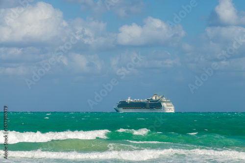 Cruise ship on the Atlantic ocean, view from Miami South beach, Florida