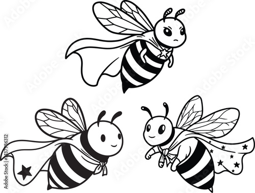 Illustration of bee line art, wearing a super hero cape