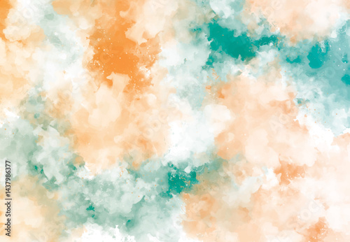 Abstract watercolor painting with green orange and white colors blending together. A colorful background with a few clouds and a light blue sky.
