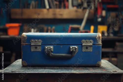 Vintage blue suitcase resting on a workbench in a cluttered workshop. photo