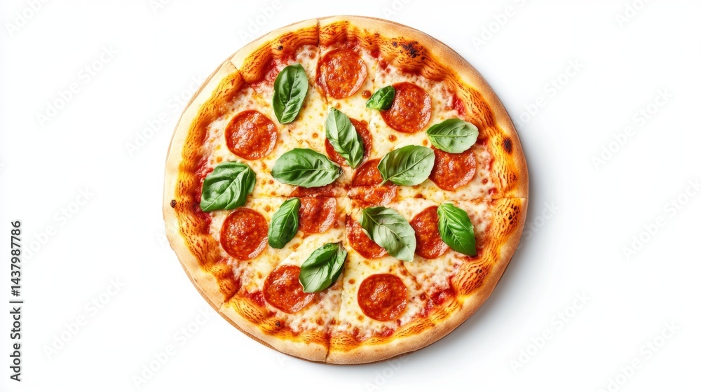 Top view of a classic margherita pizza with fresh basil and mozzarella Top view of a classic margherita pizza with fresh basil and mozzarella