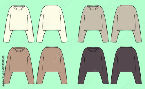Women drop shoulder wide round neck with long sleeve crop t-shirt bundle technical drawing fashion flat sketch vector illustration template front and back views outline CAD mockup