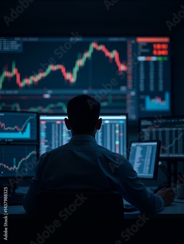 Stock market professional using high-definition monitors to track financial data and trends in a trading environment