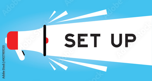 Color megaphone icon with word set up in white banner on blue background