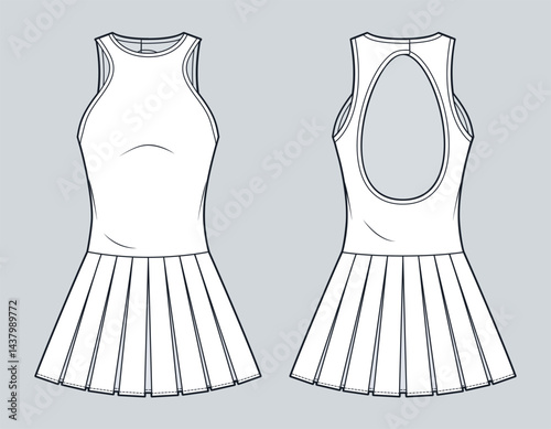 Women Sleeveless Tennis Dress with Open Back and Pleated Skirt Technical Fashion Illustration. Athletic mini Dress fashion flat technical drawing template, front, back view, white, women CAD mockup.