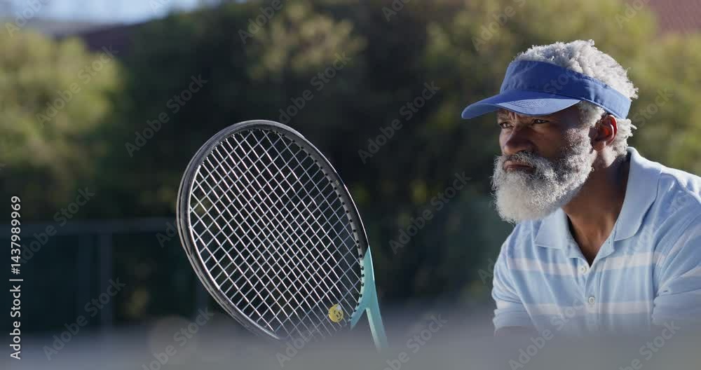 Senior, black man and ready with racket for tennis sport on court with fitness game, sports challenge and tournament. Athlete, gear and pitch for match goals, cardio performance and retirement hobby