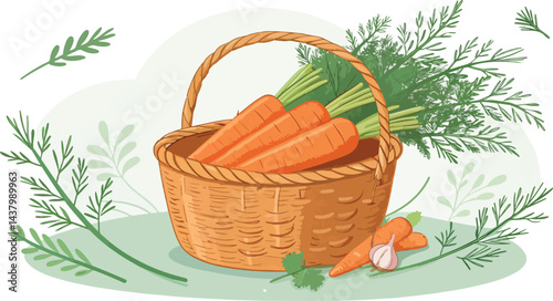 Carrot in wicker basket in natural background vector design, Carrot Illustration vector design