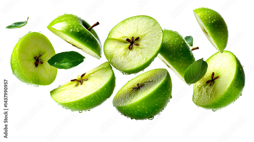 Fototapeta premium Sliced green apples and leaves float against a white background.