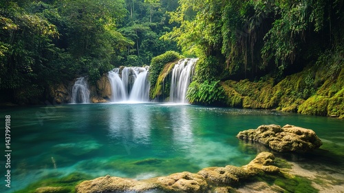 * Tropical waterfalls cascading into secluded lagoons.