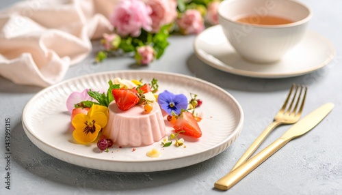 美しいデザート、パンナコッタとエディブルフラワー