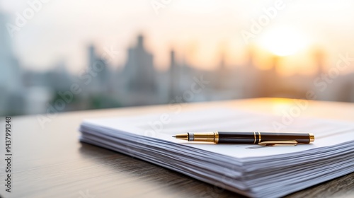 A neatly arranged stack of blank legal documents rests with a glossy fountain pen on a smooth glass desk, showcasing professionalism against a blurred urban backdrop photo