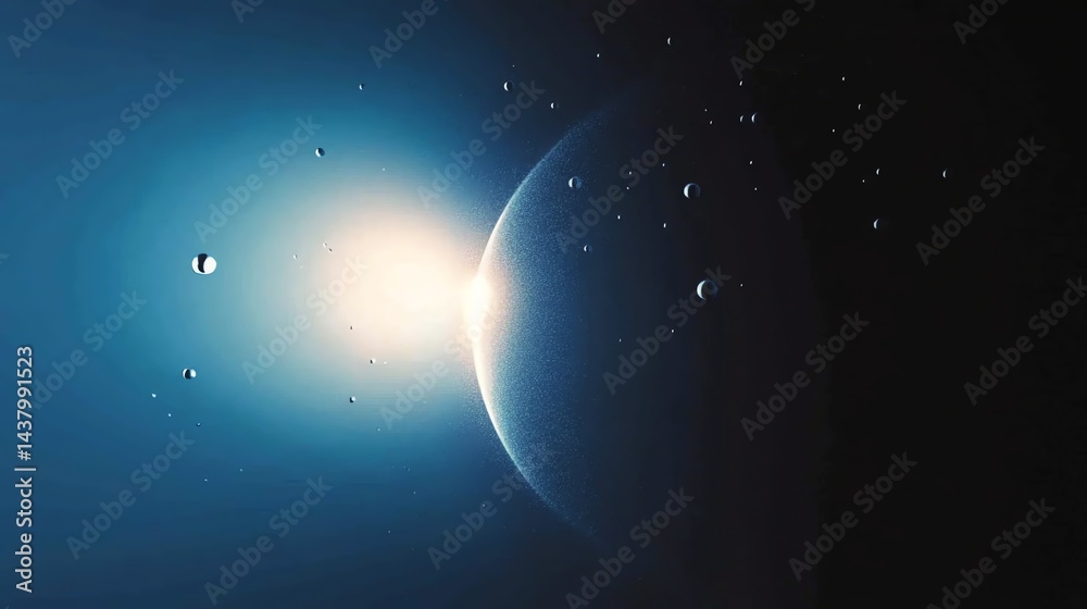 Fototapeta premium Abstract Celestial Glow with Planet and Droplets in Dark Blue Space