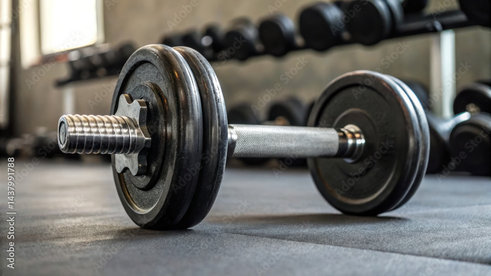 Naklejka premium Heavy dumbbell rests gym floor, showcasing its metallic design and grip. atmosphere is focused and energetic, perfect