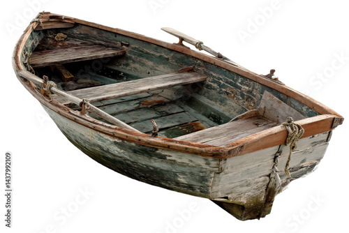 Old weathered rowboat isolated on transparent PNG background