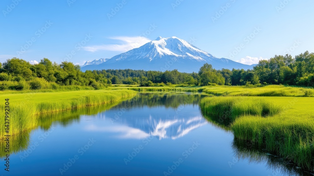 Mountain Lake with Lush Meadows Vibrant Nature Style High-Definition Clear Sky Wide Landscape View Serene Reflection Peaceful Scene Tranquil Blue Tones Ideal for Travel Brochures Mountain Lake with Lush Meadows Vibrant Nature Style High-Definition Clear Sky Wide Landscape View Serene Reflection Peaceful Scene Tranquil Blue Tones Ideal for Travel Brochures