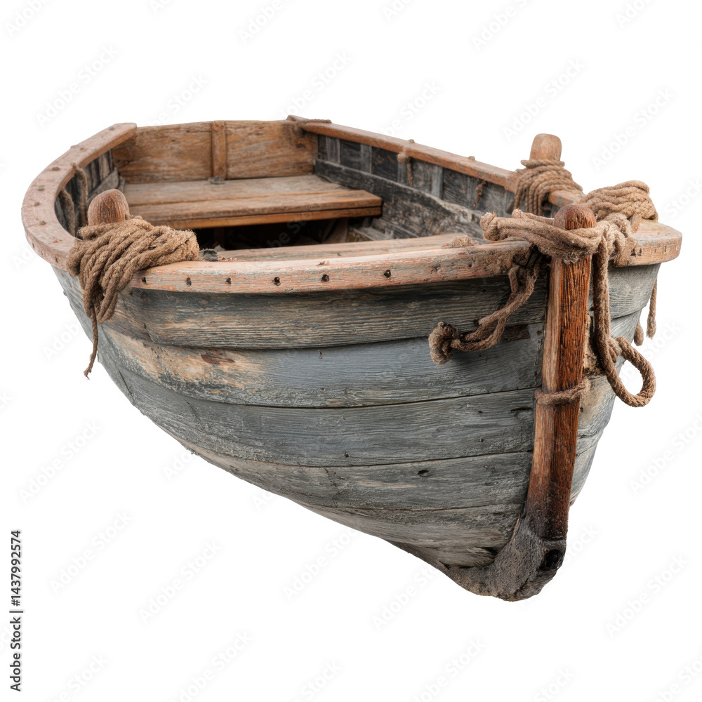 Fototapeta premium Rustic wooden rowboat (1) isolated on transparent PNG background