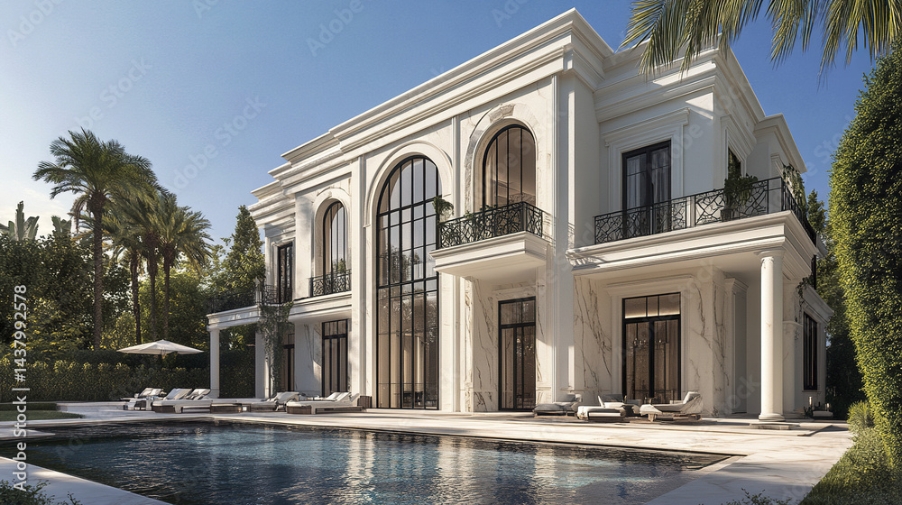 Fototapeta premium Luxurious white villa with structured design, featuring pool and palm trees