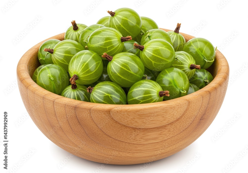 Gooseberries in wooden bowl, fresh and ripe fruit isolated on white background Gooseberries in wooden bowl, fresh and ripe fruit isolated on white background
