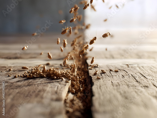 A termite swarm emerging from a crack in a wooden floor, filling the air in a coordinated movement. The camera captures the swarm in high detail, with natural light casting soft shadows.