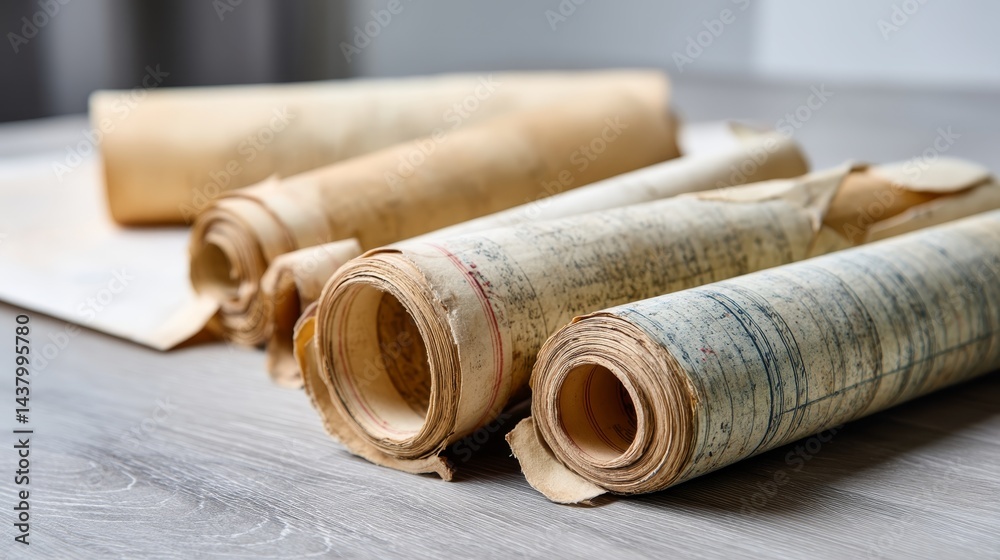 Fototapeta premium This close-up captures a tattered antique scroll with delicate edges and faded ink marks, suitable for vintage themes or historical projects, featuring clear copy space