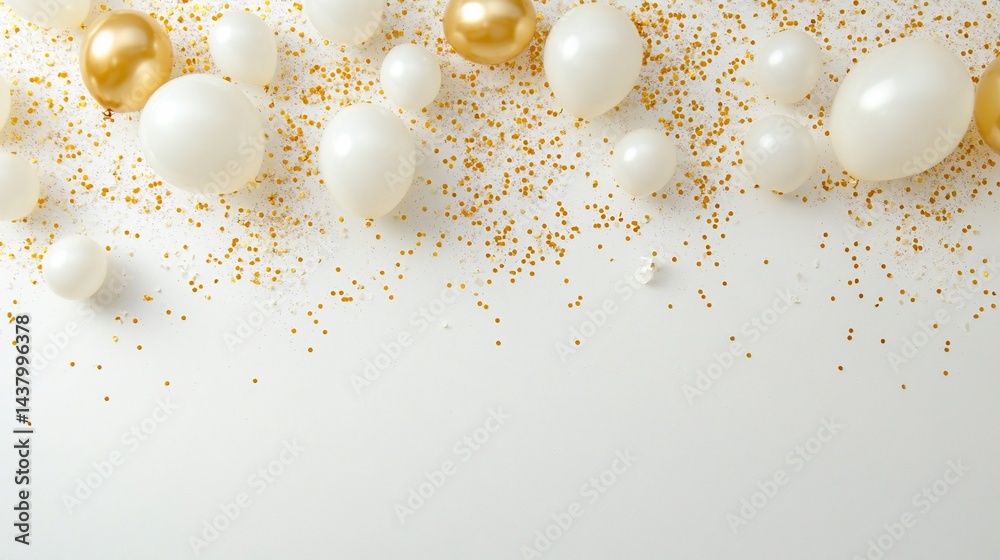 Elegant celebration backdrop with white and gold balloons sparkling confetti Elegant celebration backdrop with white and gold balloons sparkling confetti