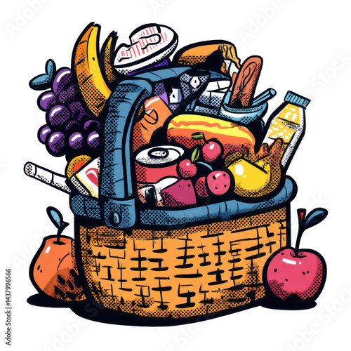 Packed picnic basket isolated on transparent PNG background
