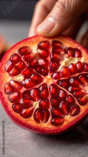 Juicy pomegranate half with bright red seeds, showcasing its rich texture and freshness, perfect for healthy eating