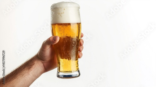 A Mans Hand Holding a Glass of Frothy Lager Beer Raised High Isolated a Pure White Background