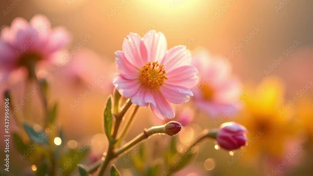 Radiant pink blossoms softly illuminated by the delicate golden morning light Radiant pink blossoms softly illuminated by the delicate golden morning light